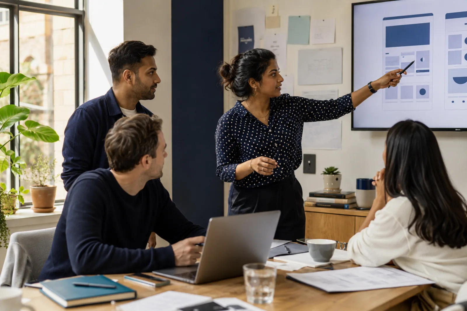 A small professional team collaborating around a laptop in a bright modern studio