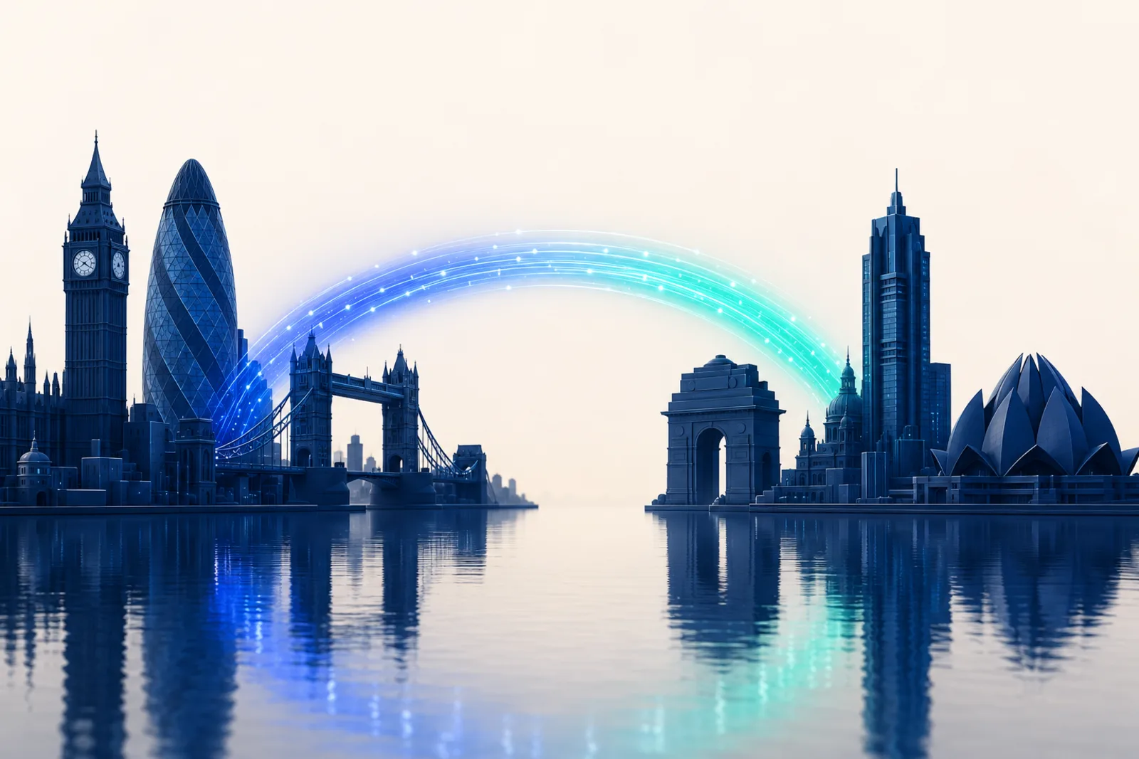 City skylines connected by a glowing arc of light