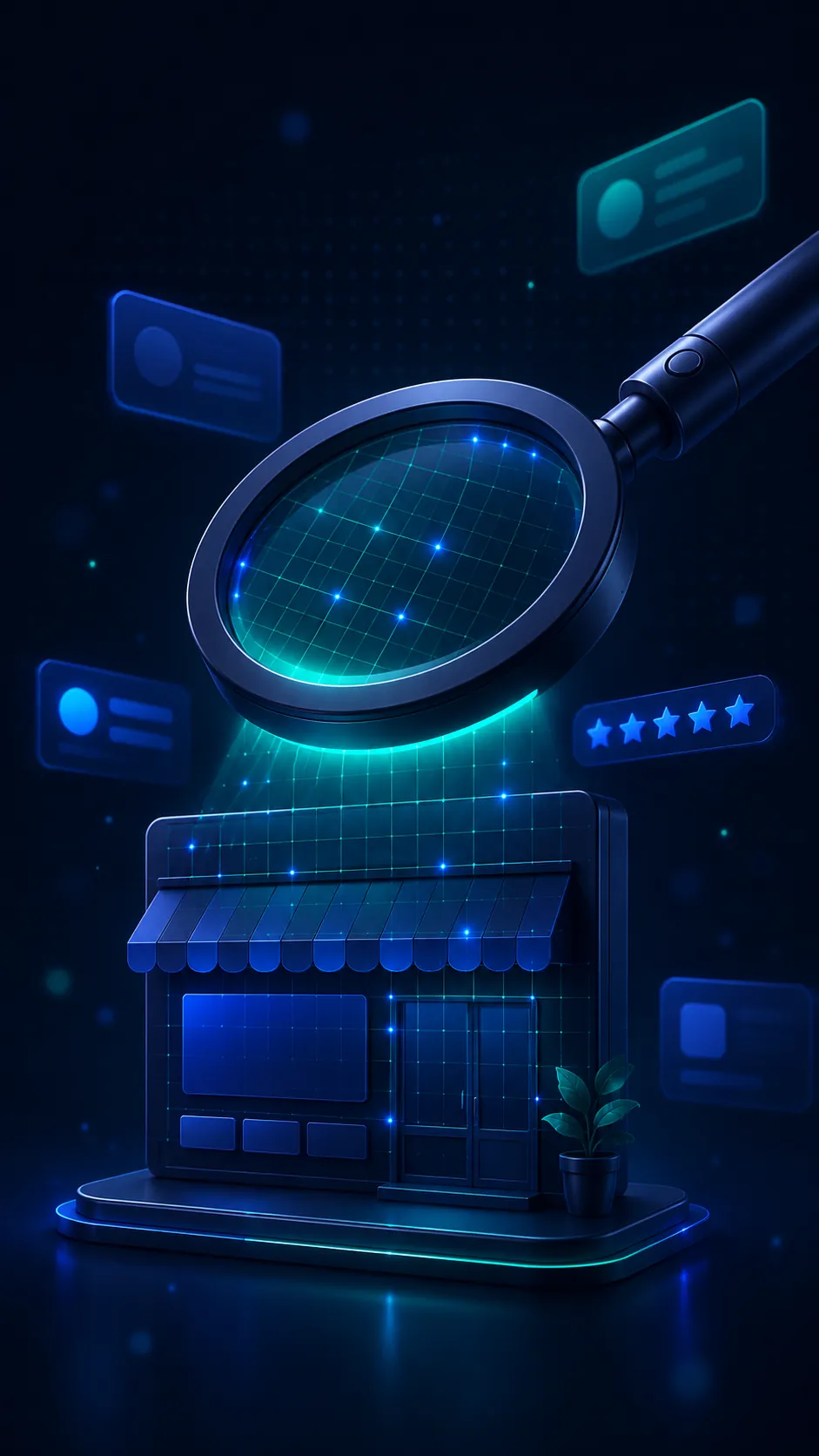 A glowing magnifying glass scanning a small storefront website, projecting teal scan-lines and cobalt data points across it