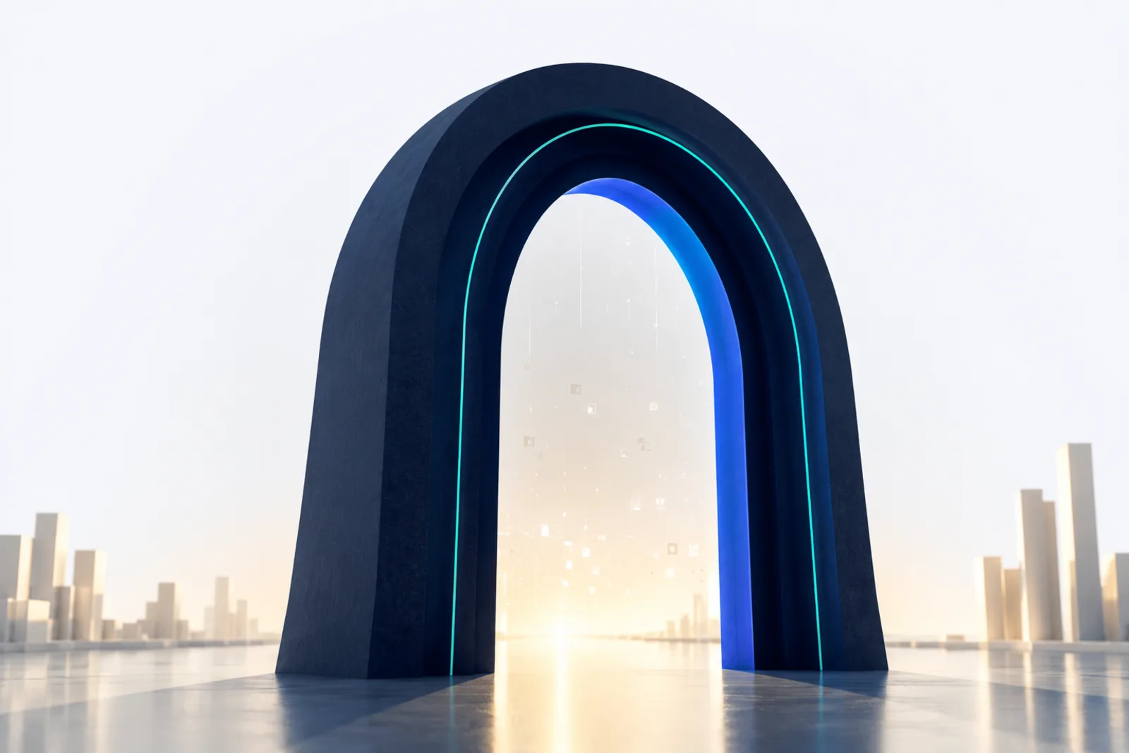 A modern gateway arch glowing with light, symbolising a business's path to affordable, agency-grade digital