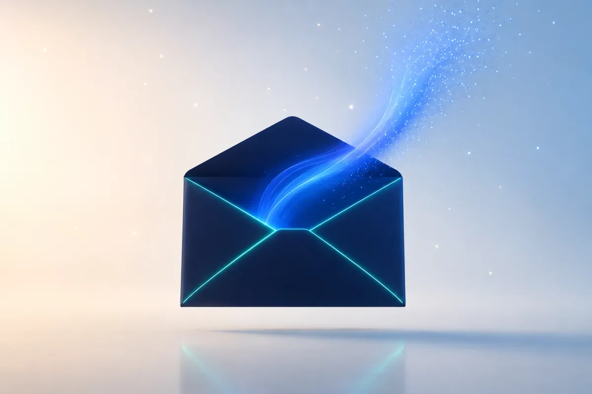 A glowing navy envelope floating above a reflective floor, representing a single clear brief