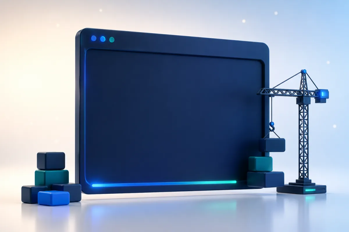A navy browser window under construction with glowing edges and building blocks, representing work built on live preview links