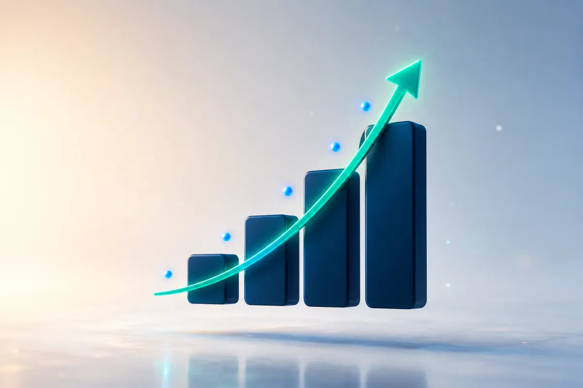 A glowing navy bar chart rising with an upward arrow, representing measurable monthly growth