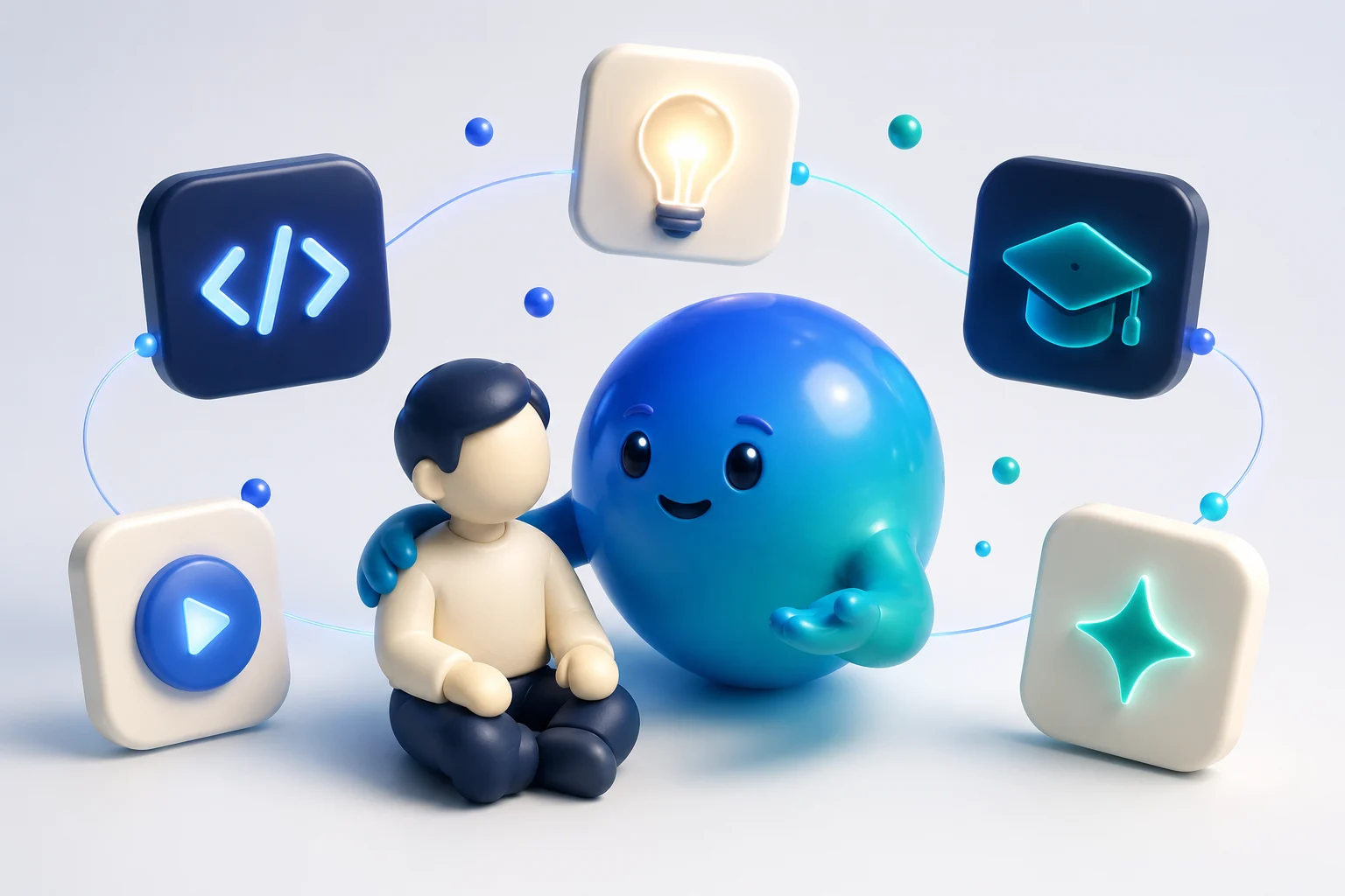 3D illustration of a glowing mentor figure guiding a person through floating AI and code panels