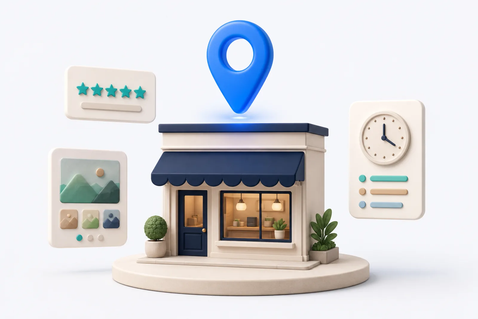 3D illustration of a miniature storefront with a large map pin and floating rating and opening-hours cards